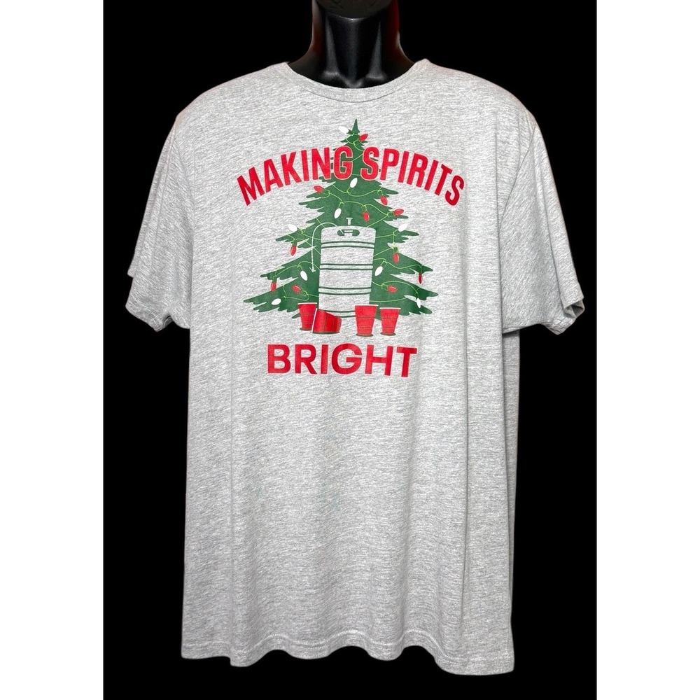 Holiday Time Men's Gray Christmas T-Shirt Keg‎ Making Spirits Bright Sz XL 46/48